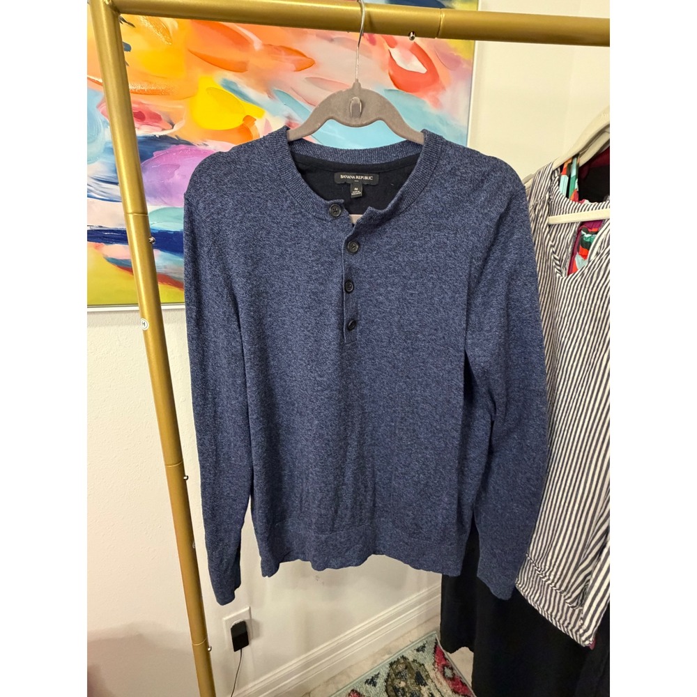 Banana Republic Mens Blue Marl Henley Sweater Size M Long Sleeve Cotton Blend